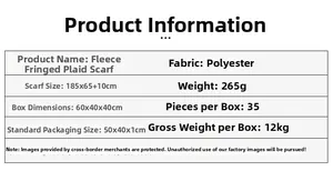 Specifications of brushed tassel plaid scarf showing 185x65cm size and 265g polyester material