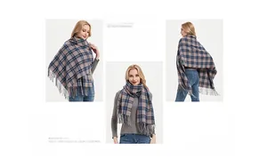 Detailed views of thick red and blue plaid scarf with fringes from multiple angles
