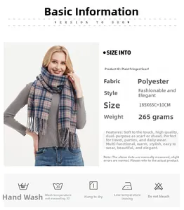 Detail of plaid tassel scarf with 185x65cm dimensions and polyester material specifications
