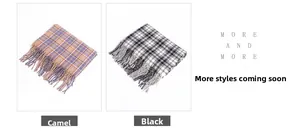 Detail of checkered scarves with fringe tassels in camel blue and black grey patterns