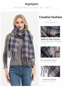 Close-up of soft plaid scarf detail featuring delicate stitching and fringe tassels