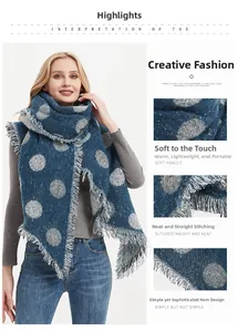 Dettaglio della sciarpa in maglia blu a pois grigi con consistenza morbida e frange