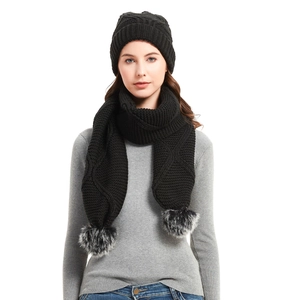 Damen Winter Strickmütze Und Schal Mit Kunstfell Bommel Acryl Warm Dick Einfarbig Outdoor Halswärmer Beanie