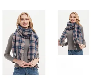 Detail of pink and blue plaid scarf with soft fringe tassels shown in multiple wearing styles