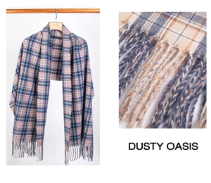 Detail of soft plaid scarf with fringe in dusty oasis blue, pink and beige tones
