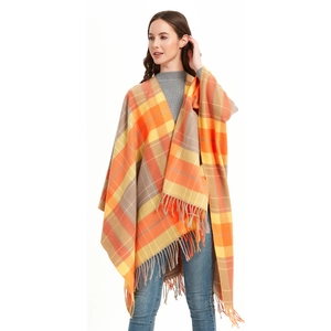 Women's warm plaid tassel shawl wrap in orange and grey check for autumn winter fashion