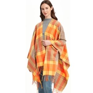Women's plaid tassel shawl cape with orange and yellow checkered pattern for autumn winter