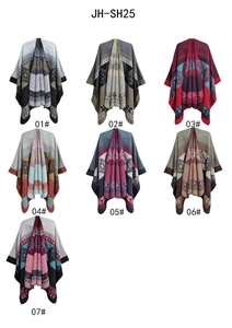 Close-up of bohemian knit ponchos showcasing seven different geometric pattern styles