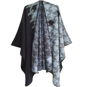 Châle poncho pour femme à motif pied-de-poule, jacquard tricoté et fente latérale