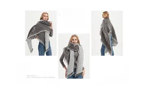 Detail view of thick grey textured scarf with tassel edges shown on a model from three angles