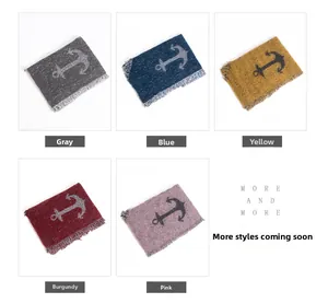 Close-up of thick knit scarves with anchor pattern and fringe in five multiple colors