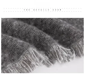 Macro view of grey loop yarn fabric showing thick plush texture and fringe detail