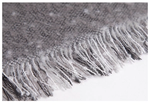 Detail of dark grey loop yarn scarf showing thick texture and soft fringe edges