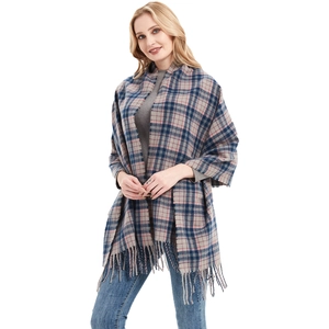 Thick winter plaid scarf for women with blue and pink checkered pattern and fringe