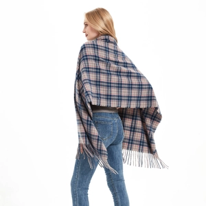 Classic blue and pink plaid thick scarf with tassels for women, stylish winter shawl wrap