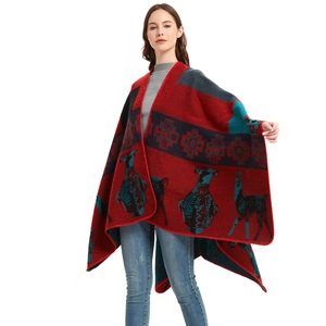 Ethnic knit shawl cloak with reindeer pattern in red and navy for winter season