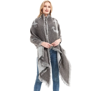 Thick grey winter scarf with white anchor pattern and elegant long tassels for women