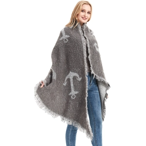 Thick grey knit shawl with white anchor print and fringe detail for women winter wear