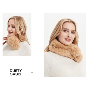 Detail of soft faux fur neck warmer in Dusty Oasis color on white knit top