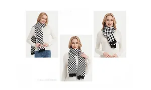 Detailed views of checkered knit scarf featuring black and white checkerboard patterns