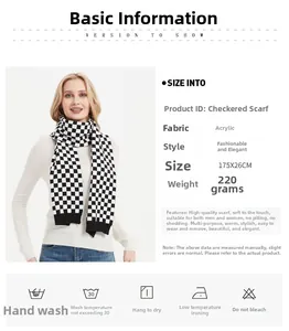 Detail view of black and white checkerboard knit scarf with size and fabric parameters