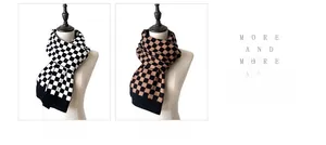 Detailed view of the thick knit texture and checkered pattern on the winter scarf