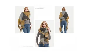 Détail d'écharpe en maille à motifs géométriques jaune et gris avec franges