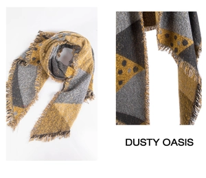 Détail d'écharpe à motifs géométriques jaune et gris avec pois et franges