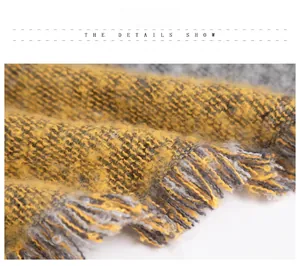 Détail d'une écharpe à carreaux jaune et gris montrant la maille épaisse et franges