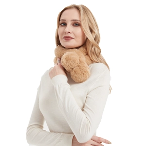 Plush camel faux fur neck warmer for women with pom-pom cross-over design for autumn winter