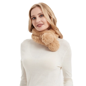 Elegant camel faux rabbit fur neck warmer with a soft pom-pom and cross-loop design