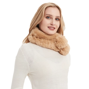 Plush camel faux rabbit fur neck warmer for women with a cozy cross wrap design