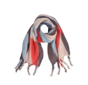 Detail of colorful striped scarf with thick braided tassels in red, blue and beige tones