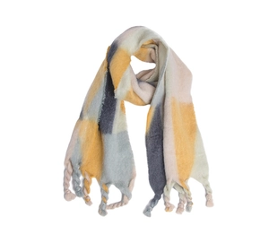 Detail of soft winter scarf with large plaid color blocks and twisted rope tassels