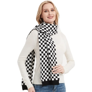 Thick black and white checkered knit scarf with ribbed edges for women winter fashion