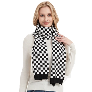 Classic black and white checkerboard knit scarf for women with ribbed edges