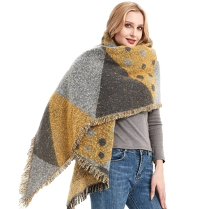 Écharpe Femme en Fil Bouclé Épais Motif à Pois et Carreaux Géométriques Châle Avec Glands Mode Automne Hiver Enveloppant