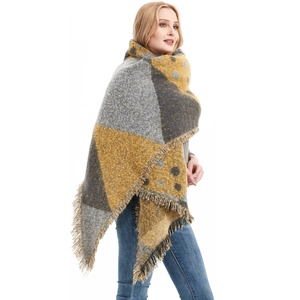 Châle épais pour femme à blocs de couleurs géométriques, pois et franges