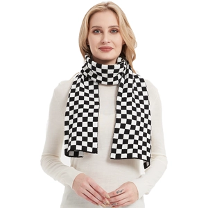 Classic black and white checkerboard knit scarf for winter fashion styling