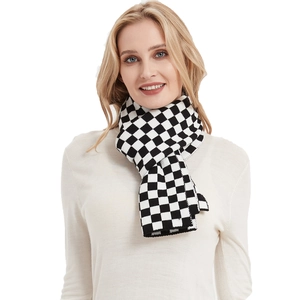 Classic black and white checkerboard knit scarf for winter featuring soft yarn material