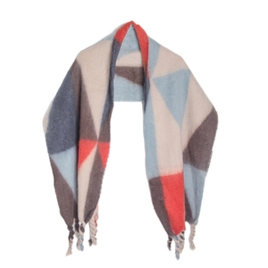 Thick geometric color-block scarf with chunky tassels for winter in orange and grey