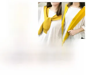 Detail view showing various styling ways for the yellow knitted shawl and scarf tie