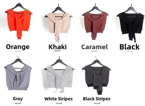 Grid view of knitted shawl collars in various solid colors and classic stripes