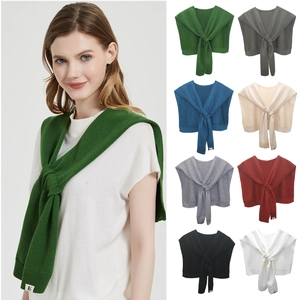 Women's knitted shawl collar in multiple colors shown on model and product layout