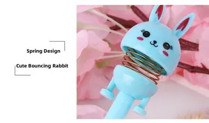 Detail showing flexible spring design of light blue cartoon rabbit shaking head pen