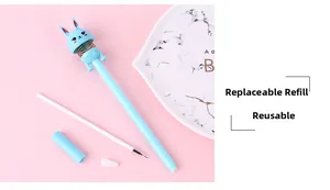 Detail showing the light blue bunny gel pen with a spring neck and replaceable refill