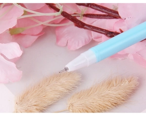 Detail of a 0.5mm needle tip on a light blue neutral pen with floral background
