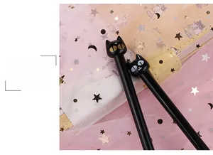Detail of 0.5mm black ink gel pens with cute cat-shaped caps on pink mesh background