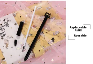 Detail of cute black cat head gel pen with refill and decorative kitty notebook