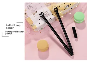 Cute black and white cat head pens with cap-off design on a pink stationary set